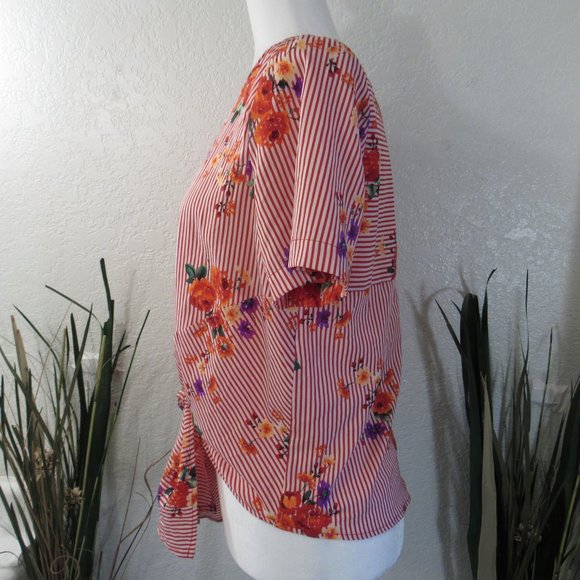 Stripe Floral Front Tie Boho Women's Top Sz M - Picture 4 of 9